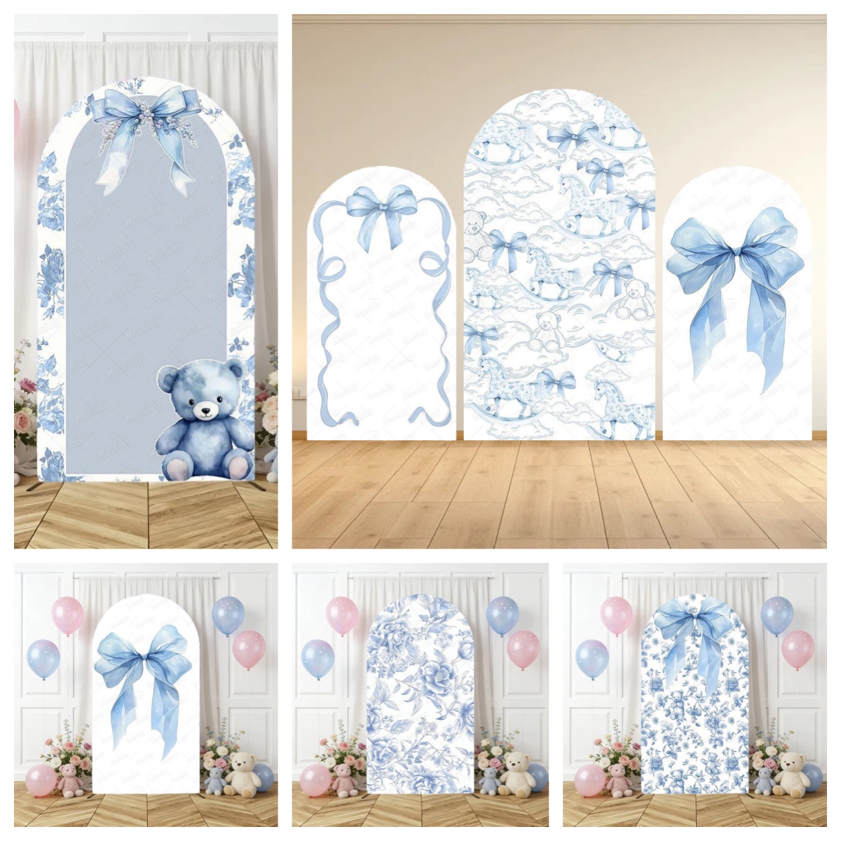 Photography Lighting Backdrop - ฉากหลังโค้งลายดอกไม้สีฟ้า ผ้าสแปนเด็กซ์แบบพอดีตัว สำหรับงานวันเกิดเด็ก งานเลี้ยงฉลองทารก งานแต่งงาน ตกแต่งงานปาร์ตี้